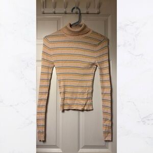 Striped Light Pink, Yellow and Blue Women's Turtleneck Top